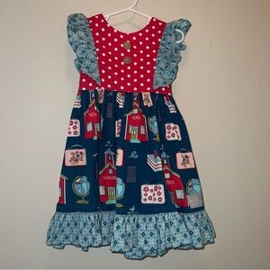 Eleanor Rose 4/5 School-Themed Girls Dress in Red, Navy & Light Blue